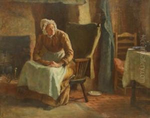 Alerted By The Cat - Cottage Interior Oil Painting by Lionel Townsend Crawshaw