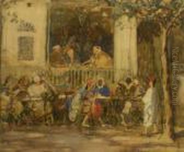 Figures In Tunisian Street Cafe Oil Painting by Lionel Townsend Crawshaw