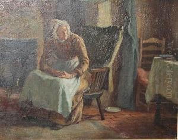 A Cottage Interior Oil Painting by Lionel Townsend Crawshaw