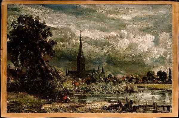 Salisbury Cathedral from the long bridge with an angler in the foreground Oil Painting by John Constable