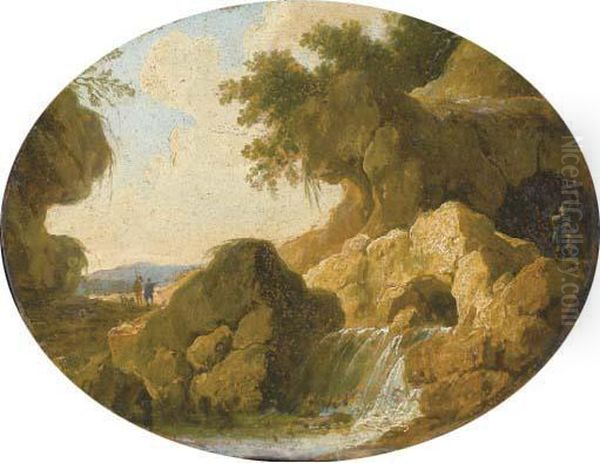 Un Paysage Rocheux Avec Une Cascade Oil Painting by Louis-Philippe Crepin