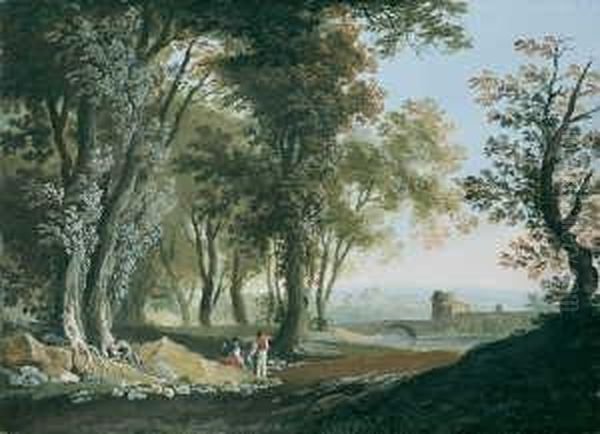 Italienische Landschaft Mit 
Einer Brucke Und Zwei Wanderern Als Staffage. Gouache Auf Papier, Auf 
Leinwand Aufgezogen (unter Glas Gerahmt). H 39,2; B 53,5 Cm. Oil Painting by Louis-Philippe Crepin