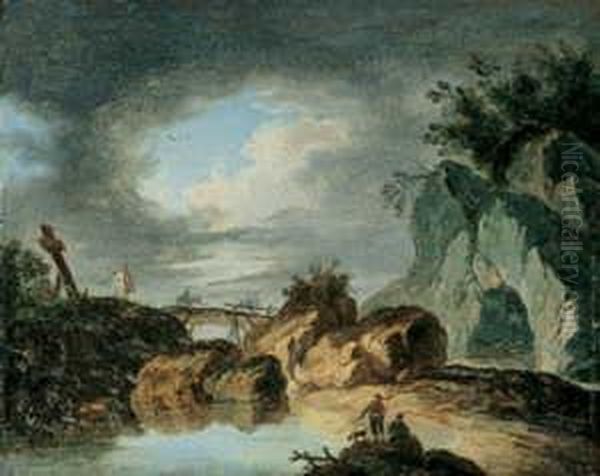 Zwei Gebirgige Flusslandschaften. Oil Painting by Louis-Philippe Crepin