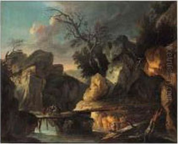 Paysans Sur Un Pont Dans Un Paysage De Rochers Oil Painting by Louis-Philippe Crepin