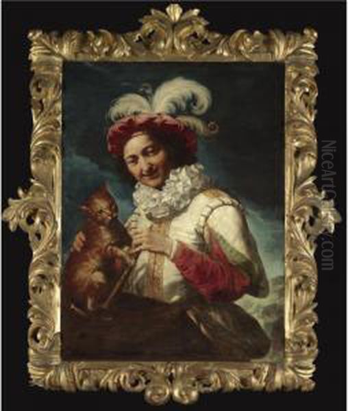 A Young Musician Wearing A Feathered Cap And Holding A Cat Oil Painting by Giuseppe Maria Crespi