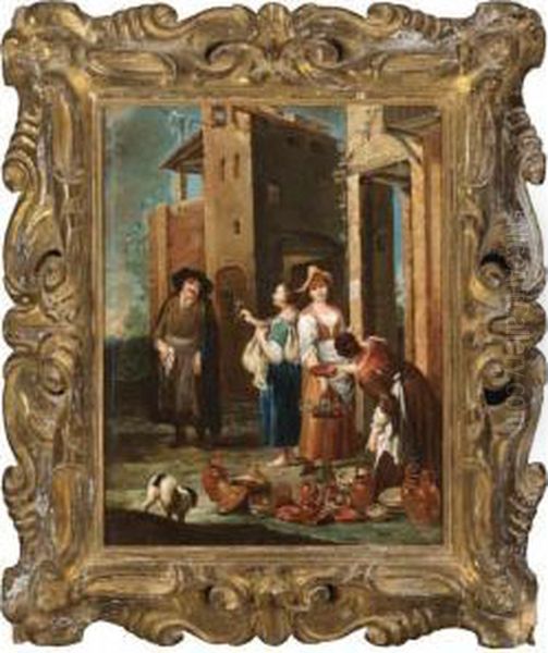 A Street Scene With Women Selling Pots And Flowers Oil Painting by Giuseppe Maria Crespi