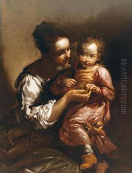 A Mother And Child, Possibly The Artist's Wife And Son Oil Painting by Giuseppe Maria Crespi