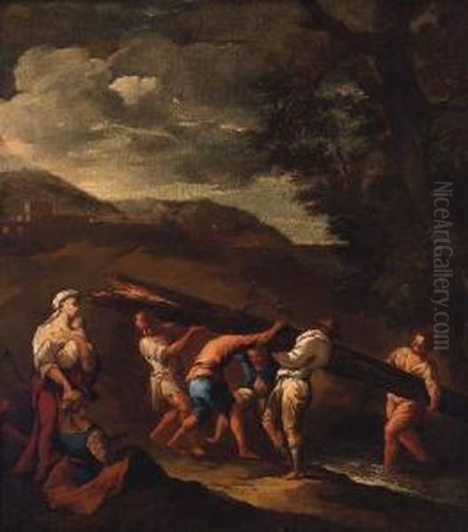 Peasants Carrying A Fallen Tree Across A Stream In Alandscape Oil Painting by Giuseppe Maria Crespi