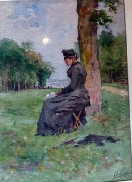 Elegante Au Parc De Saint Cloud Oil Painting by Adolphe Crespin