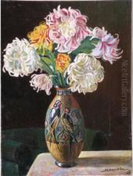 Nature Morte Aux Chrysanthemes Oil Painting by Adolphe Crespin