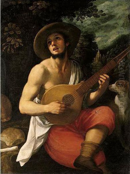 Portrait Of A Young Man, Three 
Quarter Length Seated, Playing A Cittern, A Landscape Beyond Oil Painting by Domenico Cresti Il Passignano