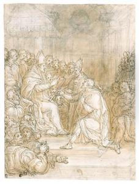 Passignano
A Pope Presenting A Marshal's Baton To A Kneeling Figure In Frontof An Assistant
Black Chalk Oil Painting by Domenico Cresti Il Passignano