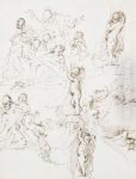 A Sheet Of Various Figure Studies, Including A Blessing And Putti Holding Cartouches Oil Painting by Donato Creti