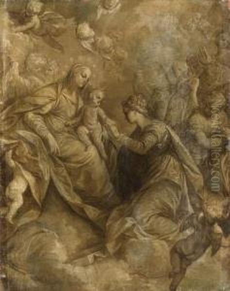 The Mystic Marriage Of Saint 
Catherine Of Alexandria, With Angelsand Cherubim, En Grisaille Oil Painting by Donato Creti