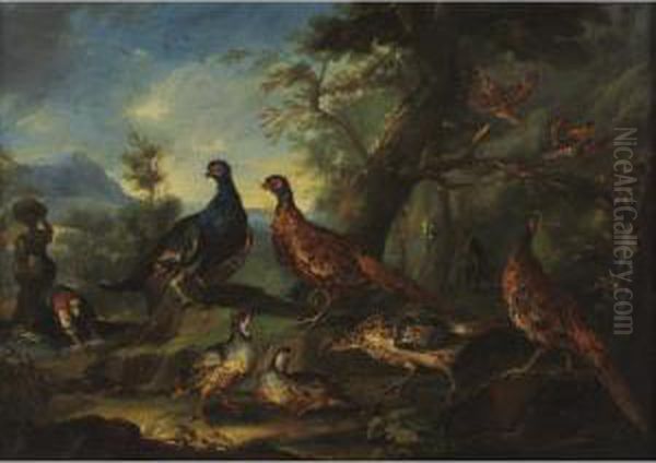 Game Birds In A Landscape With Washerwomen Beyond Oil Painting by Il Crivellino Giovanni Crivelli