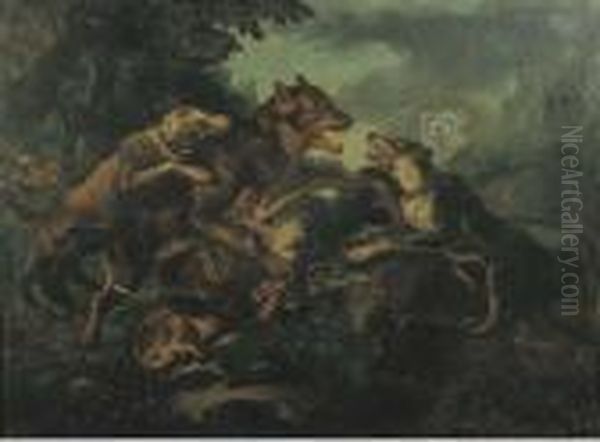 Lupo Aggredito Da Cani Oil Painting by Il Crivellino Giovanni Crivelli