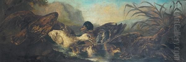 A Fox Startling Cockerels In A 
River Landscape; And A Mallard And Other Ducks Amongst Reeds, With An 
Eagle Looking On Oil Painting by Angelo Maria Crivelli, Il Crivellone