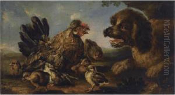 A Young Dog Barking At A Hen With Her Chicks Oil Painting by Angelo Maria Crivelli, Il Crivellone