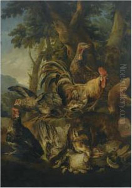 A Fox Attacking A Turkey And Chickens, In A Wooded Landscape Oil Painting by Angelo Maria Crivelli, Il Crivellone