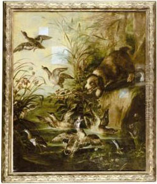 A Spaniel Flighting Ducks Oil Painting by Angelo Maria Crivelli, Il Crivellone