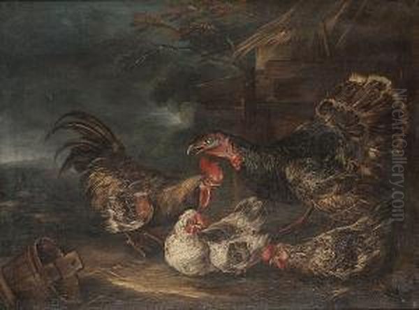 A Turkey, Cockerel And Two Hens In A Yard Oil Painting by Angelo Maria Crivelli, Il Crivellone