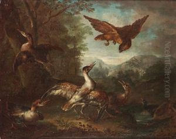 A Spaniel Flushing Duck; And A Hawk With Other Birds In A Landscape Oil Painting by Angelo Maria Crivelli, Il Crivellone