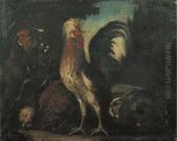 Gallo, Galline E Un Coniglio En Plein Air Oil Painting by Angelo Maria Crivelli, Il Crivellone