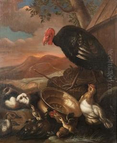 A Turkey And Other Fowl With 
Guinea Pigs In A Farmyard With A Mountainous Landscape Beyond Oil Painting by Angelo Maria Crivelli, Il Crivellone