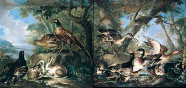 A Wooded Landscape With Ducks 
And A Curlew In A Pond; A Wooded Landscape With Pheasants And Rabbits Oil Painting by Angelo Maria Crivelli, Il Crivellone