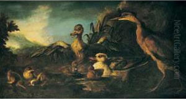 Heron Et Canards Dans Un Paysage Lacustre Oil Painting by Angelo Maria Crivelli, Il Crivellone