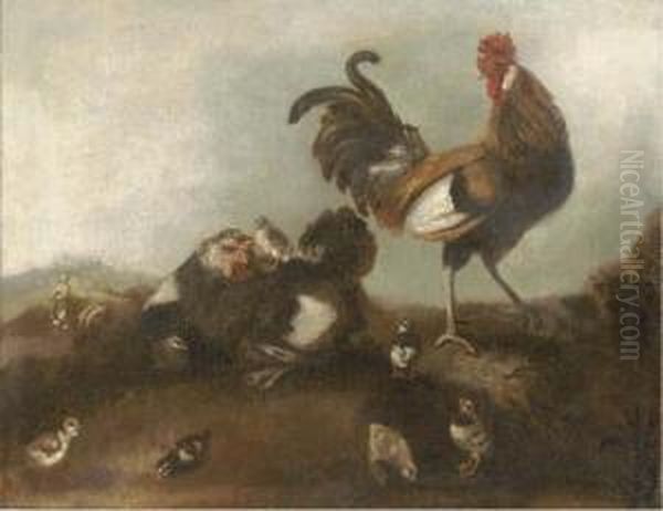 A Chicken, Cockerel And Chicks 
In A Landscape, The Prodigal Sonworking With The Swine Beyond Oil Painting by Angelo Maria Crivelli, Il Crivellone