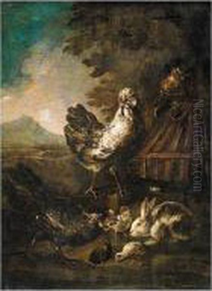 A Cockerel, A Hen, Chicks And An Owl In A Landscape Oil Painting by Angelo Maria Crivelli, Il Crivellone