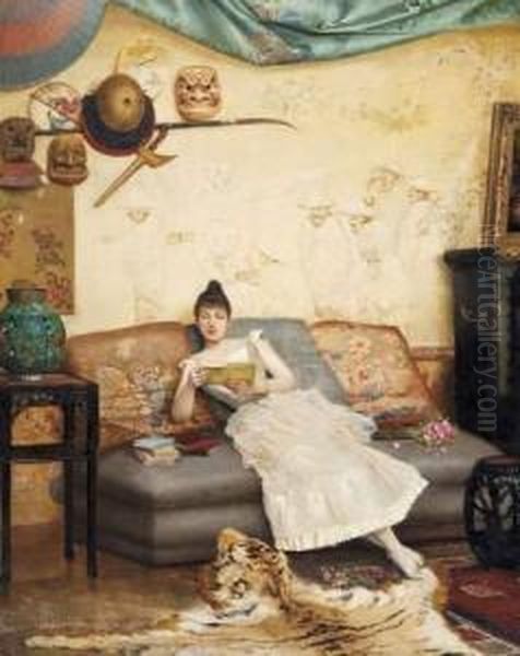 Jeune Femme Lisant Dans Un Interieur Japonisant Oil Painting by Georges Croegaert