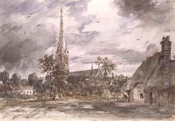 Salisbury Cathedral: with cottages Oil Painting by John Constable