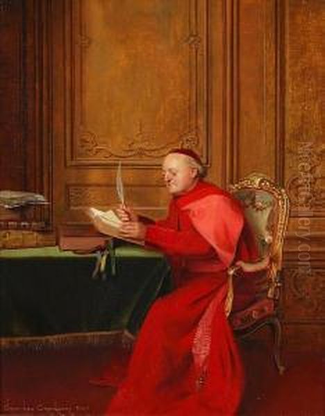 Cardinal Seated In An Interior Oil Painting by Georges Croegaert