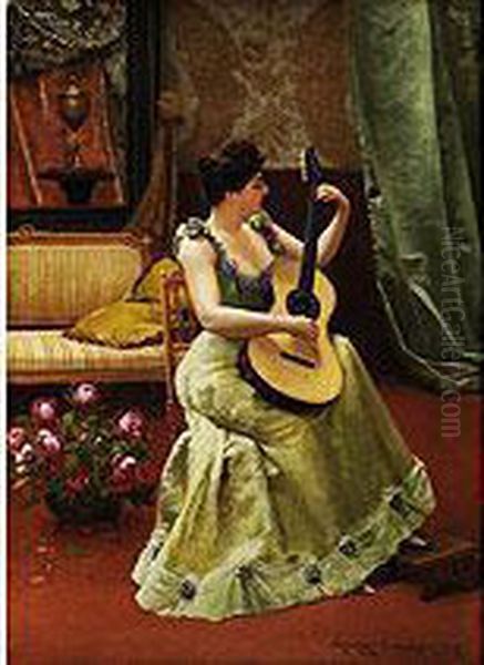 Dame Im Salon Beim Gitarrenspiel Oil Painting by Georges Croegaert