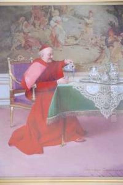 French The Cardinal Enjoying Arepast Oil On Board Signed Georges Croegaert Paris Oil Painting by Georges Croegaert