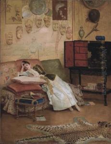 A Quiet Read In A Chinoiserie Interior Oil Painting by Georges Croegaert