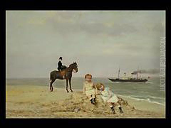 Reiterin Am Strand Vor Dampfer Oil Painting by Georges Croegaert