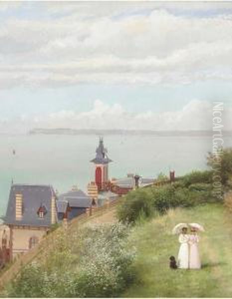 A Stroll By The Coast, Trouville-sur-mere Oil Painting by Georges Croegaert