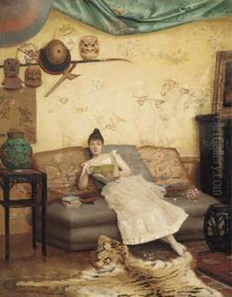 A Quiet Read In A Chinoiserie Interior Oil Painting by Georges Croegaert