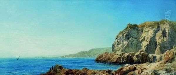 A Rocky Cove With Figures Sitting On The Rocks Watching Sailing Boats Near Monte Carlo Oil Painting by Arthur Croft