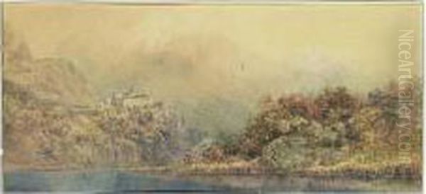 A Castle By A Lake Oil Painting by Arthur Croft