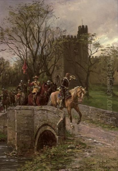 Cromwellian Soldiers Leaving Warwick Castle Oil Painting by Ernest Crofts