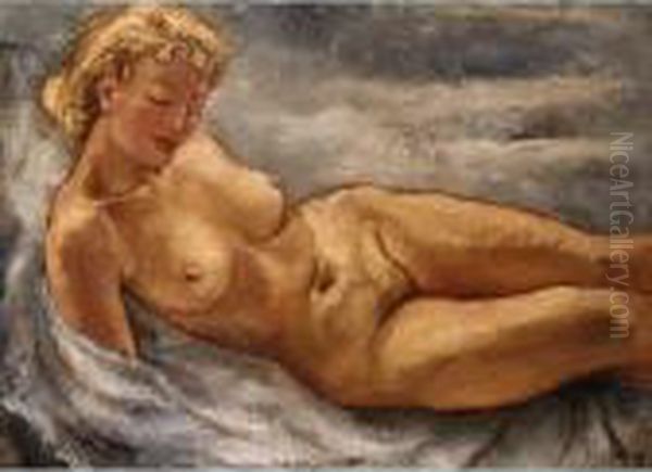 A Reclining Female Nude Oil Painting by Jos Croin