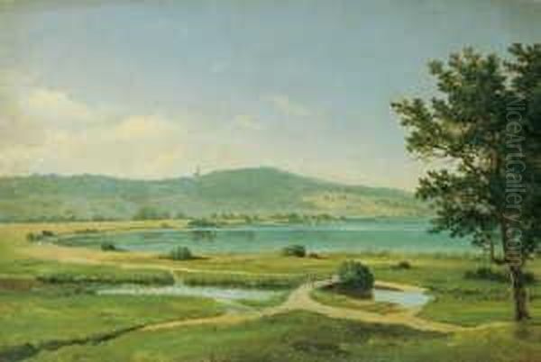 Oberbayerische Landschaft Am Ammersee Mit Hochgelegener Kirche. Oil Painting by Georg Heinrich Croll Crola