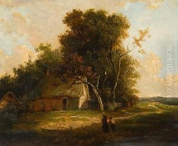 Figures On A Path Before A Cottage Oil Painting by John Berney Crome