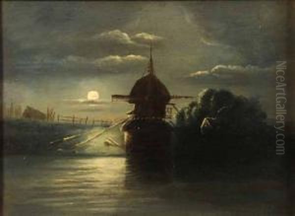 Moonlit
Landscape With Windmill Oil Painting by John Berney Crome