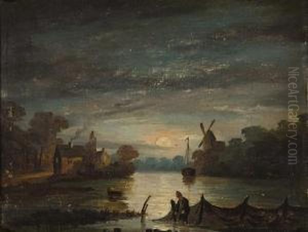 Fisherman Setting Nets By Moonlight Oil Painting by John Berney Crome