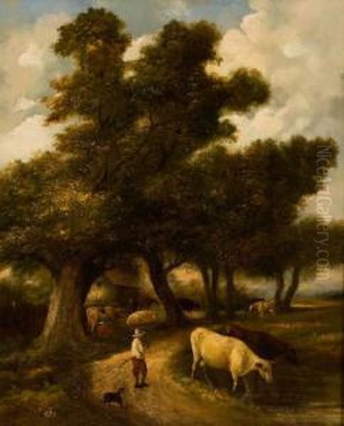 Bauern Und Kuhe Auf Einem Feldweg Oil Painting by John Berney Crome